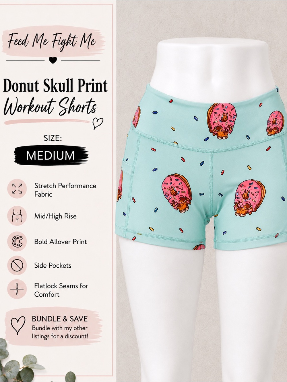 Feed me fight me medium Donut Skull Print Workout Shorts - Mint fmfm